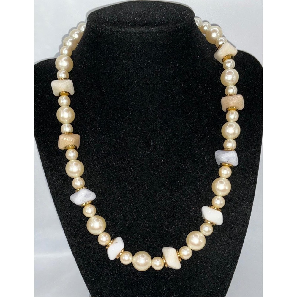 Cream Pearl & Neutral Stone Bead Necklace 18" Gold Accents Vintage Style